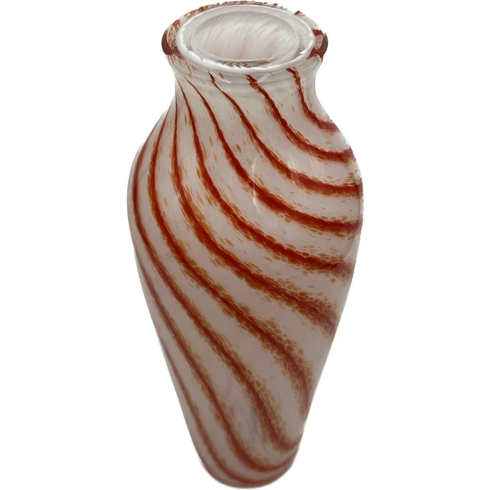 Vtg MCM Art Glass Vase White Burnt‎ Orange Swirl Design Opaline? 12